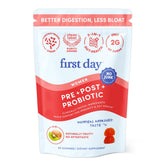 First Day Tribiotic gummies bottle showing the 3-in-1 formula for daily balance.