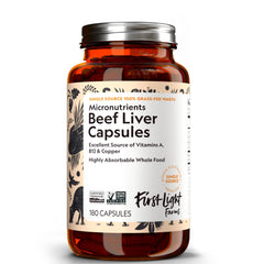 First Light Beef Liver Capsules bottle close-up for premium quality and energy support