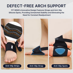Fit Geno arch support brace gel pads support heel and metatarsals for shock absorption.