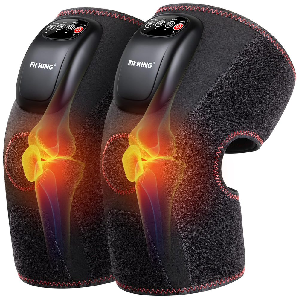FIT KING knee massager on leg demonstrating wrap fit for targeted comfort.