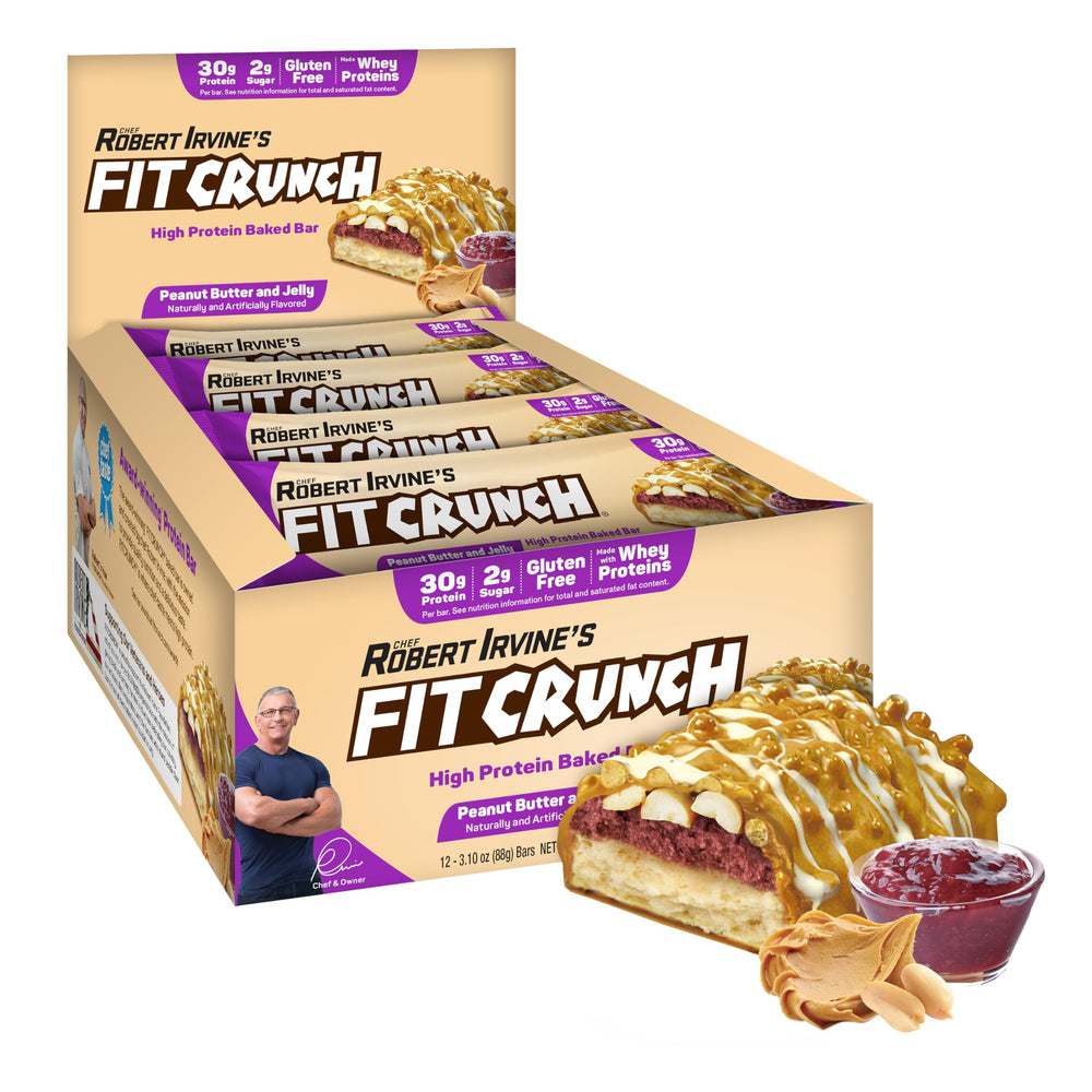 Fit Crunch full-size bar shows a six-layer baked core in peanut butter and jelly for post-workout fuel.