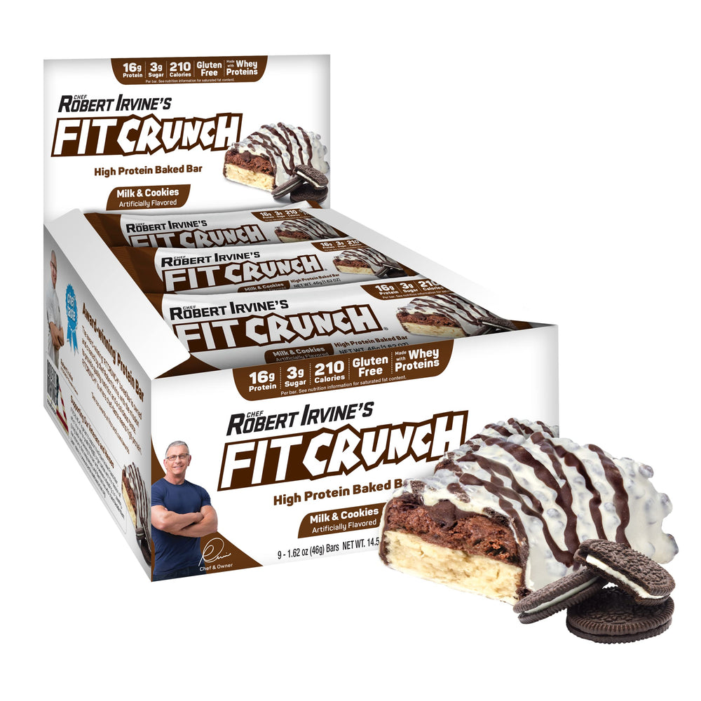 FITCRUNCH Snack Size Milk and Cookies 6-layer bar, on-the-go protein fuel.