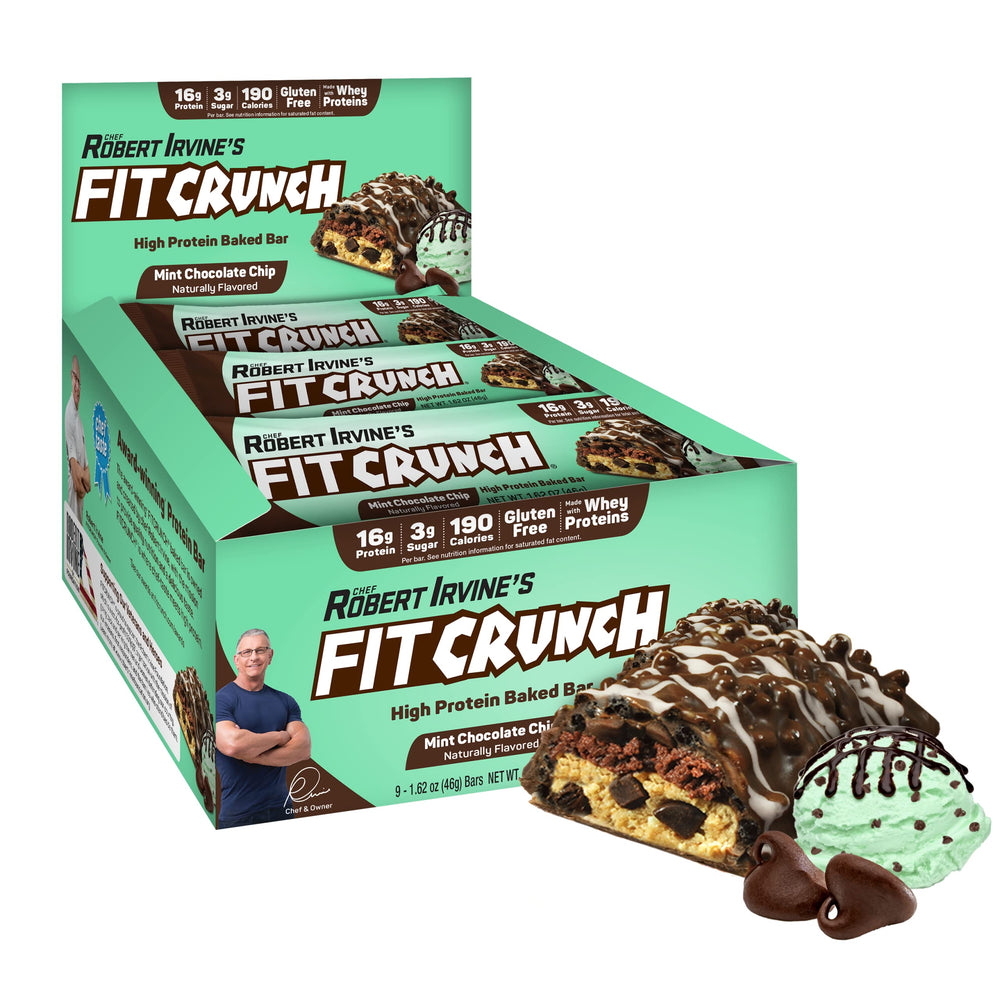FitCrunch Mint Chocolate Chip bar front view with soft cake core, ideal post-workout snack.
