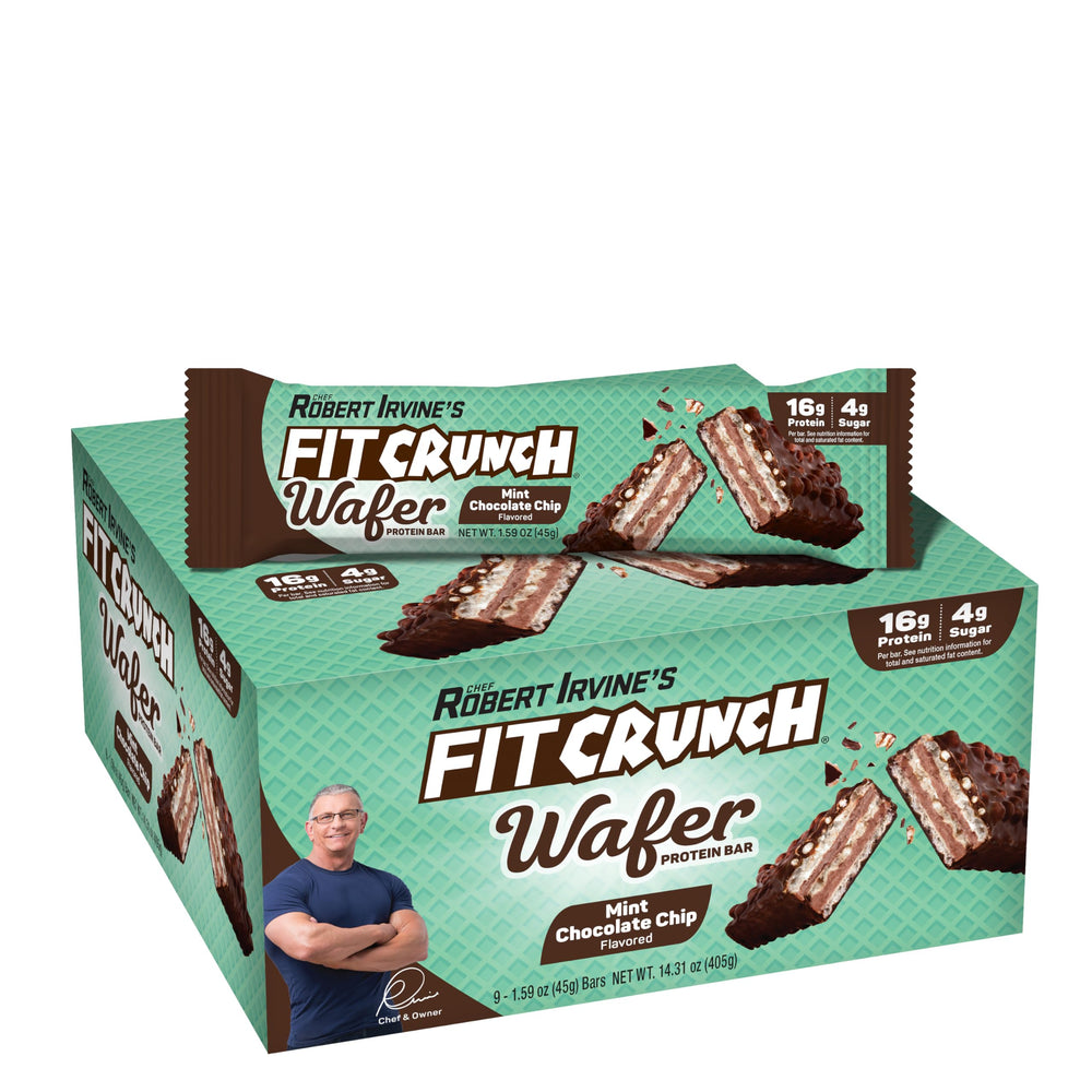 FITCRUNCH Mint Chocolate Chip wafer bars pack front showing nine bars for on-the-go protein