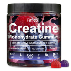 Fitfido Creatine Monohydrate Gummies raspberry bottle showing fruity flavor and energy support