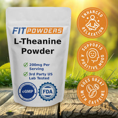 FitPowders L-Theanine bottle label highlights pure, additive-free formula