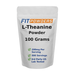 FitPowders L-Theanine bottle held for daily dosing.