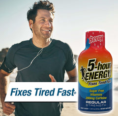Five-hour ENERGY berry flavor bottle close-up highlighting flavor and energy benefits.