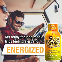 Five-hour Energy Peach Mango packaging close-up shows B vitamins and amino acids for daily energy.
