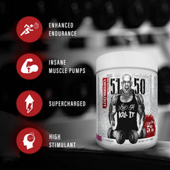 Five Percent Nutrition Rich Piana 5150 caffeine complex graphic illustrates jitter-free energy potential.