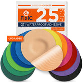 Fixic G7 Over Patches pack cover showing a 25-pack for Dexcom G7 compatibility