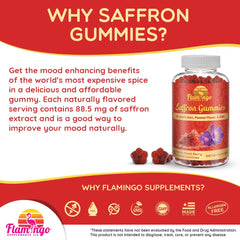 Flamingo Saffron Gummies premium ingredients label close-up.