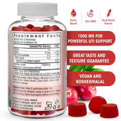 Ingredients panel shows cranberry extract and vegan, kosher, halal quality