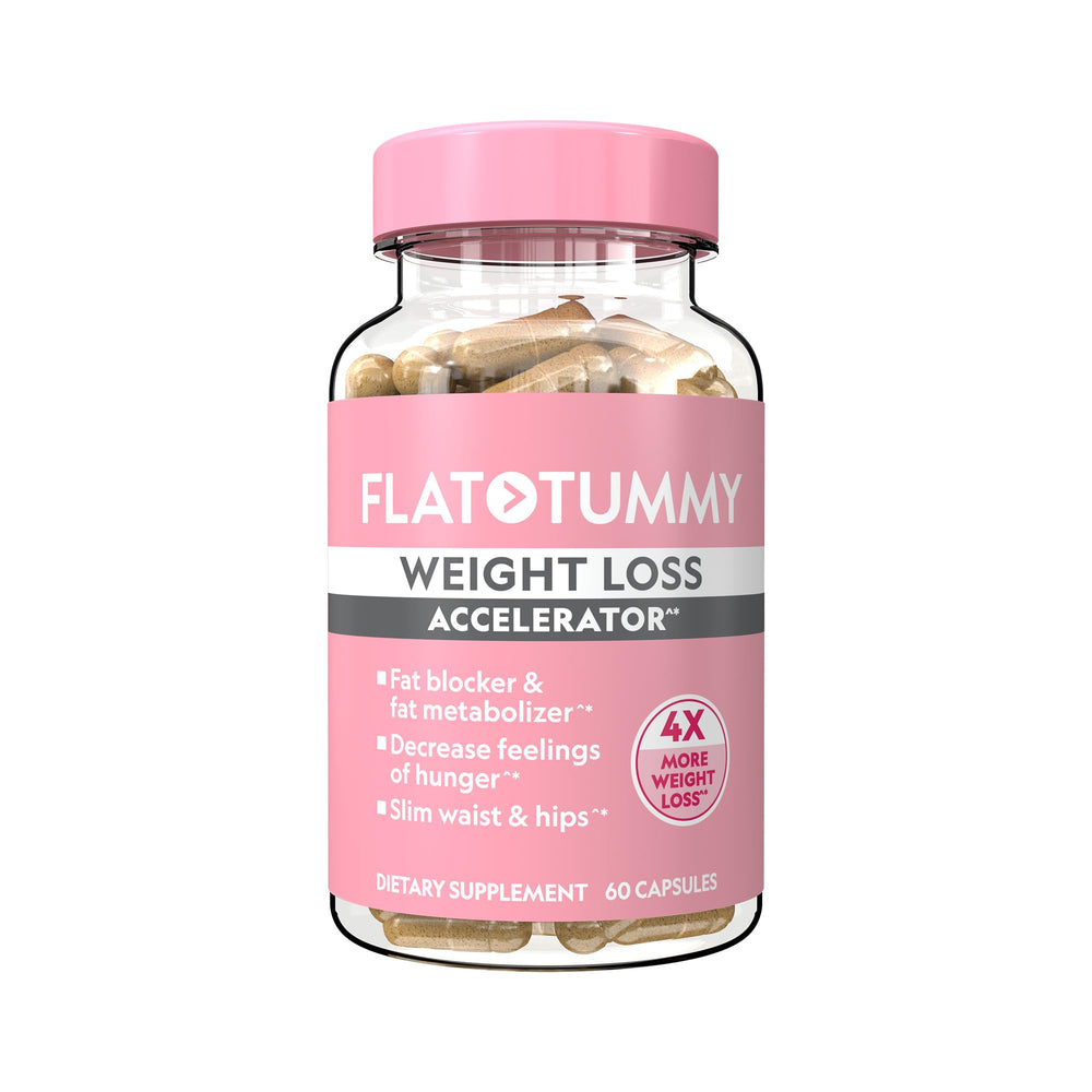 Flat Tummy Weight Loss Accelerator bottle showing tasteless capsules for appetite control.