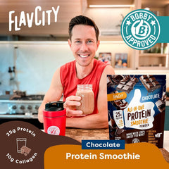 FlavCity Grass Fed Whey Chocolate organic cocoa bag, highlights organic ingredients