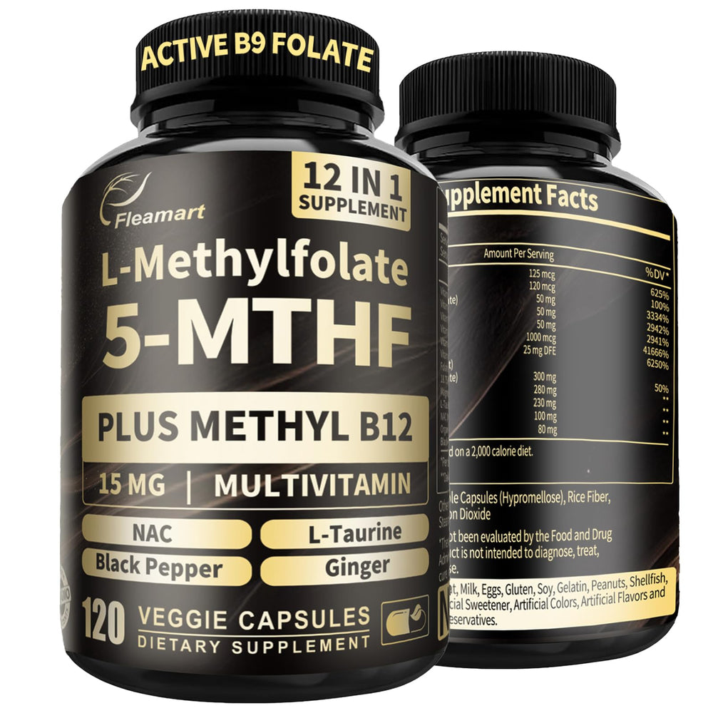 Fleamart L-Methylfolate 15mg + Methyl B12 capsules bottle for daily mood and energy.