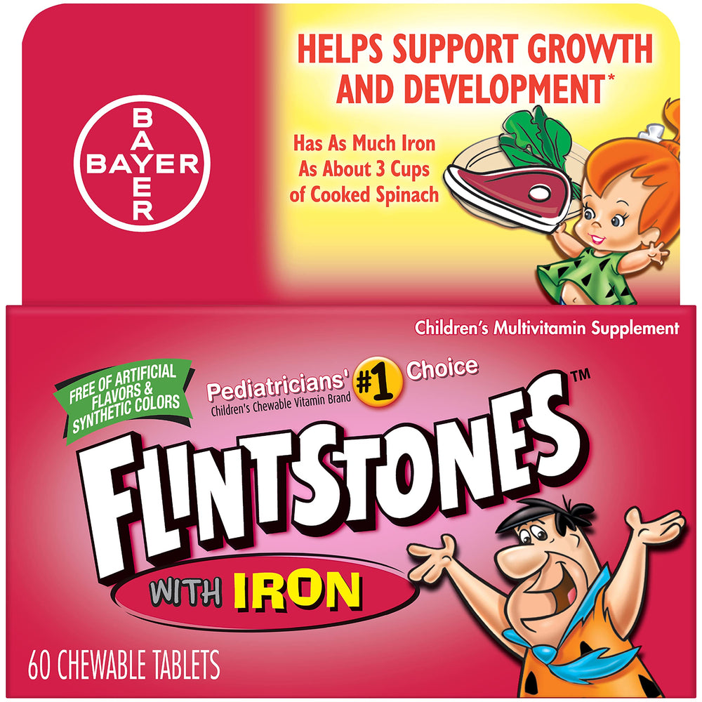 Flintstones chewable kids vitamins bottle shown, includes iron and vitamin D for growing children.