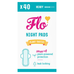 FLO Night Pads packaging with 40-count box for heavy flow, ready for overnight use.