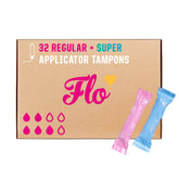 Flo organic cotton tampons 32-pack packaging highlights leak-proof protection for on-the-go days.