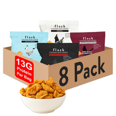 Flock Keto Chicken Skin Chips Original flavor bag closeup, high-protein, low-carb snack.