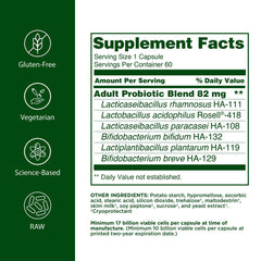 Flora Adult’s Probiotic bottle label highlights 17 billion CFU and six strains.
