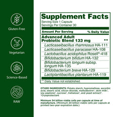 Flora Advanced Adult Probiotic capsules close up for daily digestive comfort.