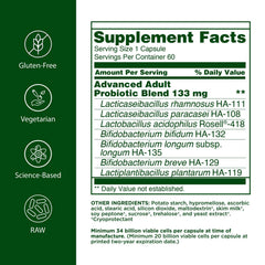 Flora Advanced Adult Probiotic capsules close-up highlighting senior-focused strains.