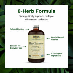 Flora Flor Essence glass bottle with label showing organic and non-GMO attributes