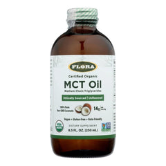 Flora MCT Oil bottle in glass showcases premium packaging for Keto-friendly use
