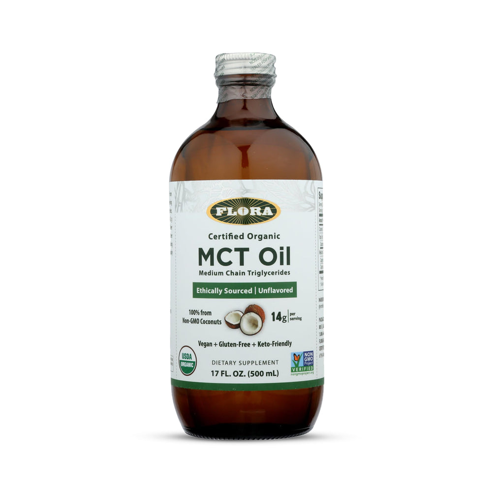 Flora MCT Oil bottle on kitchen counter highlighting premium coconut-derived oil