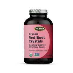 Flora Organic Red Beet Crystals jar, convenient daily supplement for natural energy.