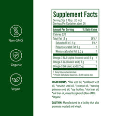 Label close-up shows organic ingredients for plant-based EFAs