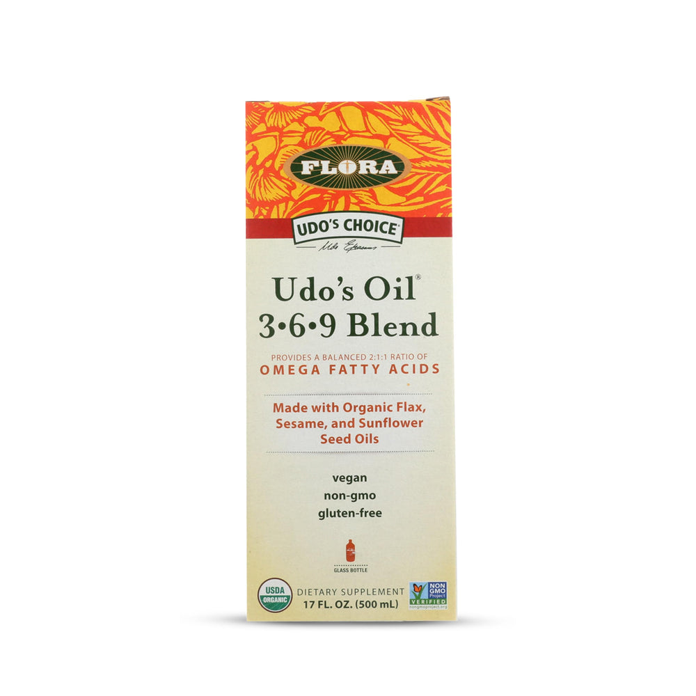 Flora Udo's Omega 369 oil blend bottle on kitchen counter with nutty flavor for meals