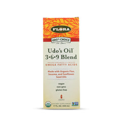 Flora Udo's Omega 369 oil blend bottle on kitchen counter with nutty flavor for meals