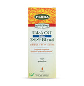 Flora Udo's Oil DHA bottle close-up highlighting vegan omega blend for brain and eye health