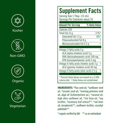 Flora Udo's Oil DHA pour shot showing golden oil ideal for smoothies and salads