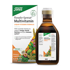 Floradix Epresat bottle with label showing herbal multivitamin for daily energy.