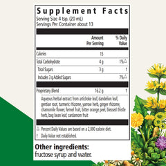 Floradix Gallexier bottle and dandelion imagery highlight plant-based digestive support
