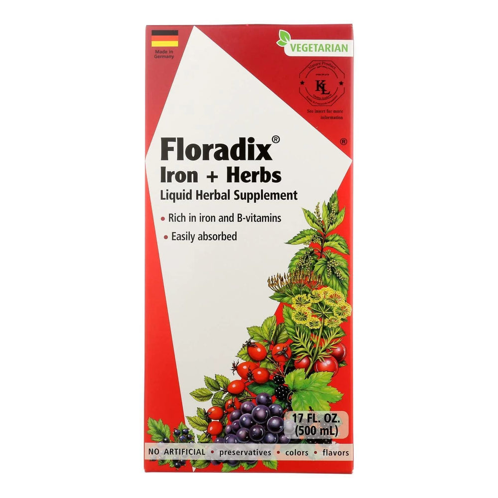 Floradix Iron and Herbs bottle pouring beside glass, possible gentle iron support.