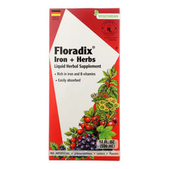 Floradix Iron and Herbs bottle pouring beside glass, possible gentle iron support.