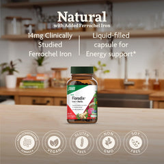 Floradix Iron + Herbs label features herbal blend for balance