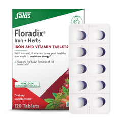 Floradix Iron Tablets bottle close-up showing vitamin-rich formula for energy support.