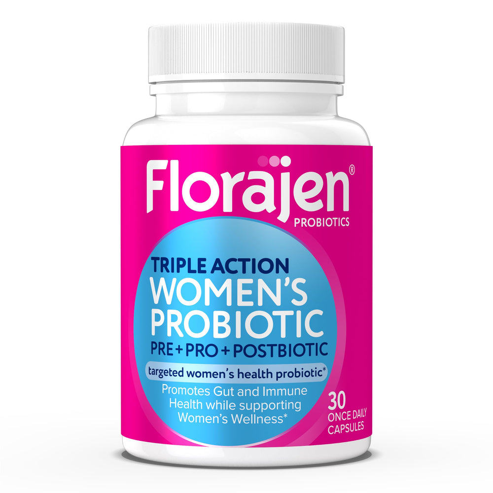 Florajen Women's Complete bottle front view shows triple-action formula for digestive balance