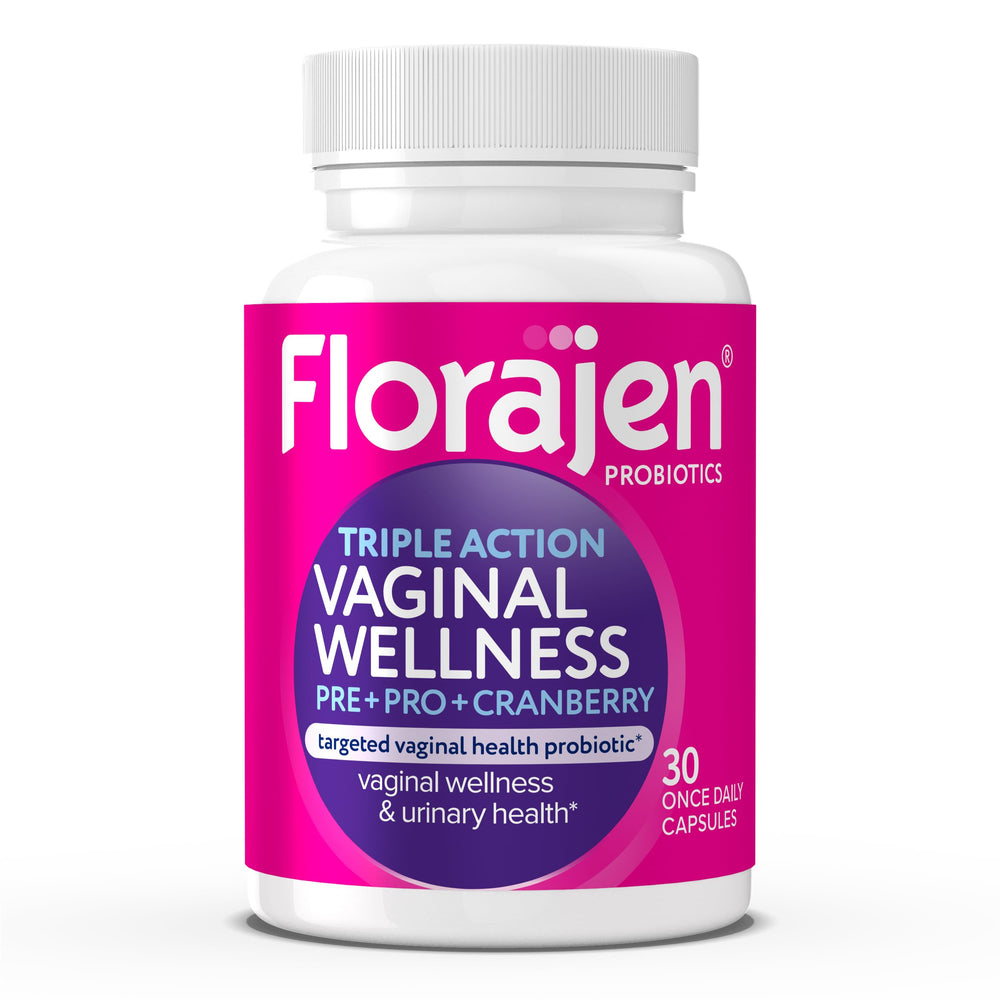 Florajen Women’s Triple-Action probiotic bottle supports gut balance and immune wellness.