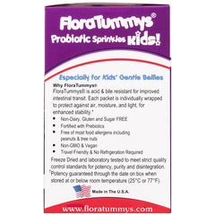 Close-up of FloraTummys probiotic label indicating allergen-free and vegan.