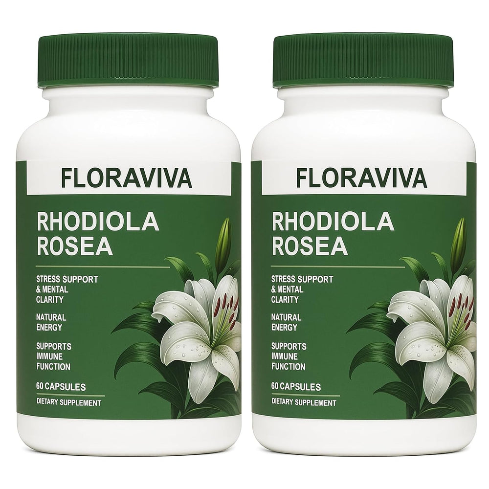 Floraviva Rhodiola Rosea Capsules bottle shows 500mg formula for daily stress support