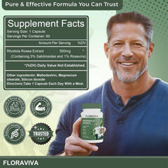 Close-up label on Floraviva Rhodiola Rosea capsules highlights standardized rosavins and salidroside