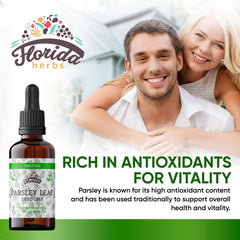 Florida Herbs Parsley Leaf Tincture dropper delivering controlled doses of organic parsley extract.