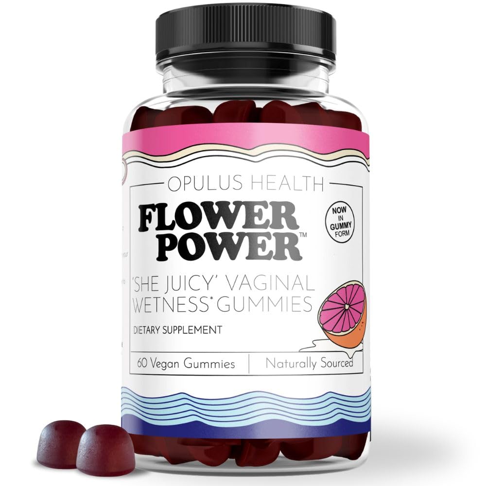 Flower Power She Juicy Gummies bottle closeup showing chewy texture and moisture support