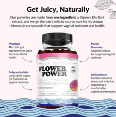 Flower Power She Juicy Gummies bottle label highlighting vegan sugar-free formula